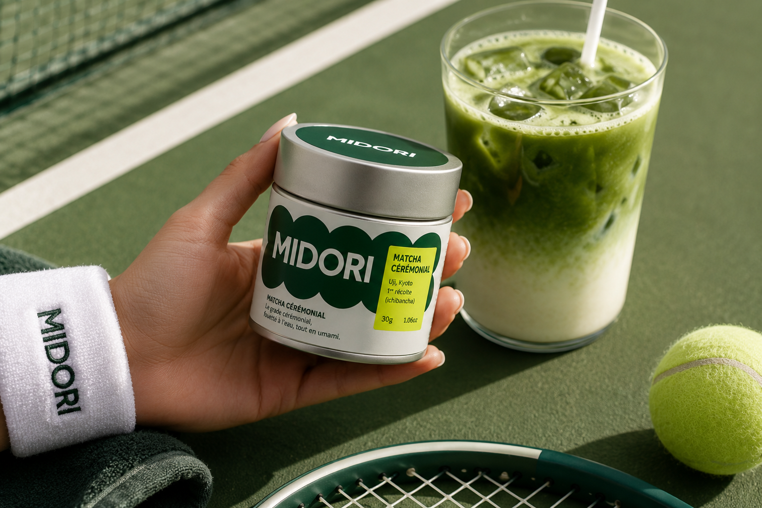 Matcha Cérémonial Midori sur un court de tennis